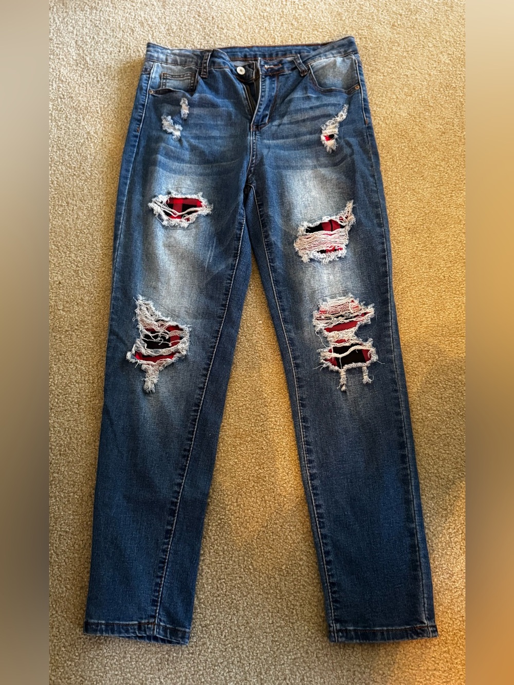 Women’s Dark Blue Distressed stretch Jeans with Buffalo Plaid Patch Detail